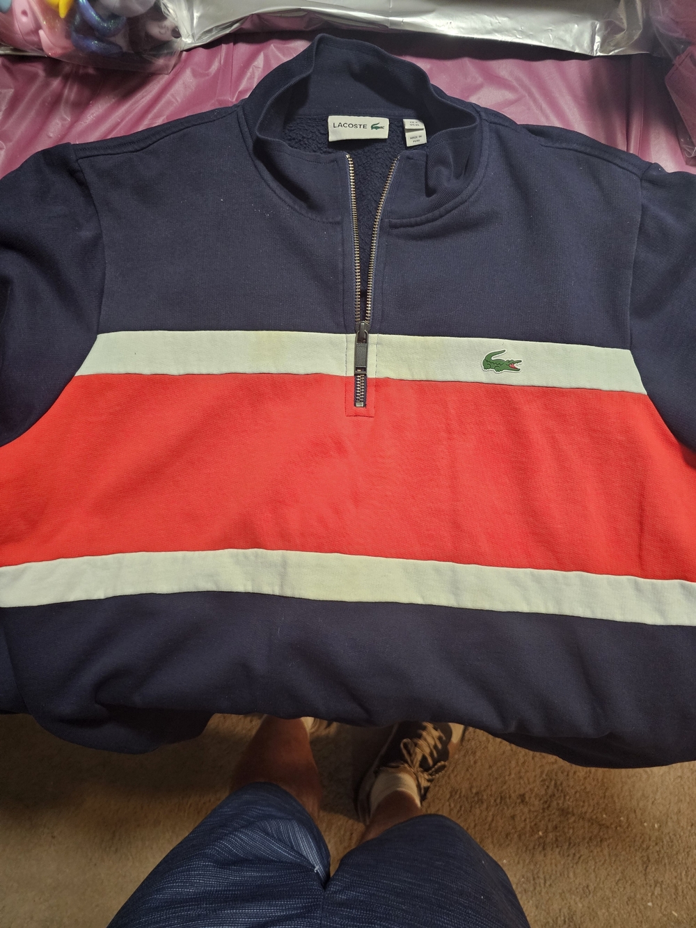 Lacoste Men's Colorblock 1/4 Zip Fleece Sweatshirt XL FR6 Navy Red White